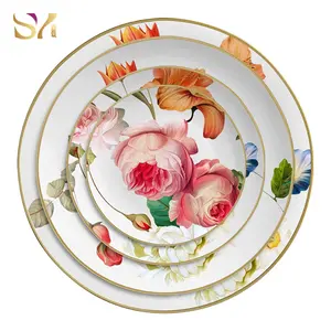 Luxury Elegant Gold Rim Ceramic Dinner Plates full Set with Flower Bone Design for Home Tableware Decoration