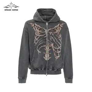 AiNear toptan özel logo tasarım oem ve odm vintage gotik kafatası yıkanmış yıpranmış fermuar damla omuz erkekler pamuk 1800 gsm hoodie