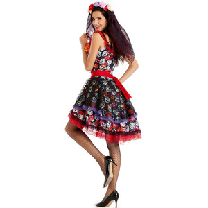 Disfraz de novia fantasma para Halloween, estilo mexicano, Día de Muertos, con flores y calaveras impresas, vestido de encaje. - Product Image 4