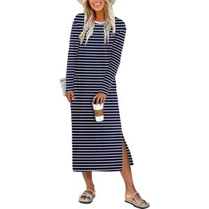 Robe midi à manches longues pour femme, col rond, rayée, coupe ample avec fente latérale, tenue décontractée pour les vacances, robe en tricot respirante - Product Image 1