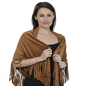 Women's Brown Suede Fringe Shawl Long Solid Color Autumn Daily Wear <b>Scarf</b> - Product Image 1