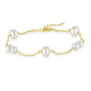YiLun 18k Gold Plated Freshwater Pearl Bracelet 925 Sterling Silver Bread Shape Pearls Bracelet 8mm