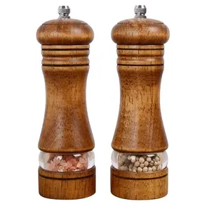 Classic Manual wood Salt Grinder Refillable Pepper Mill Sets with Acrylic Visible Window 6inch 2 Pack