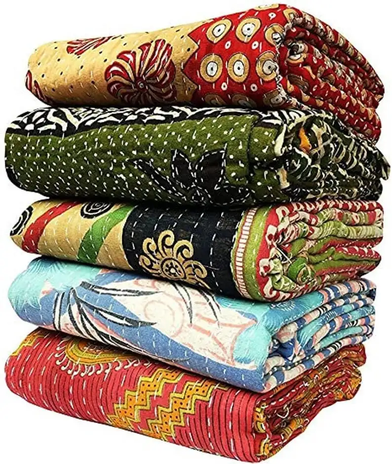 Main Bloc Imprimé Floral 100% Coton Couvre-lit Réversible Indien Kantha Couvre-lit Kantha Patchwork QuilT Indien Kantha