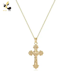 Colar de pingente de cruz de Jesus Cristo para homens e mulheres, colar com corrente, joia de pedra colorida de cobre para presente