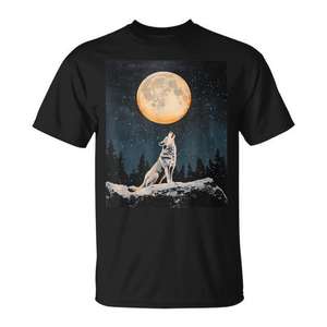 Camiseta gráfica Wolf Moon Starry Night de manga corta negra para hombre - Product Image 1