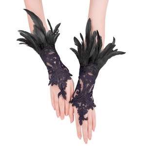Gants à doigts en dentelle à plumes sombres pour femme, marque KH, avec bracelet, accessoires noirs pour poignets, décorations pour fêtes et bals d'Halloween - Product Image 3
