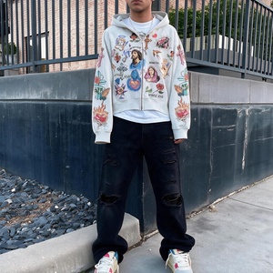QIANSHI 100% Cotton Fleece Heavyweight Streetwear <strong>Zipup</strong> Hoodie Graphic French Terry <strong>Oversized</strong> Drop Shoulder Men Zip up Hoodies - Product Image 3