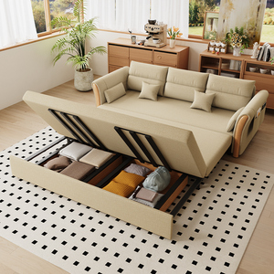 Minimalist Log Style Solid Wood Fabric <b>Sofa</b> Foldable Pull Out <b>Sofa</b> <b>Bed</b> Integrated Multi Functional Furniture With <b>Storage</b> - Product Image 2
