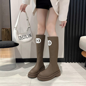 Bottes longues pour femme, style décontracté, couleur unie, talon épais moyen, fermeture éclair arrière, semelle épaisse, antidérapantes, respirantes, pour l'automne - Product Image 6