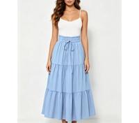 Jupe longue mi-mollet évasée à taille haute pour femme, avec cordon élastique et volants, couleur unie, idéale pour l'été et les occasions décontractées ou de vacances