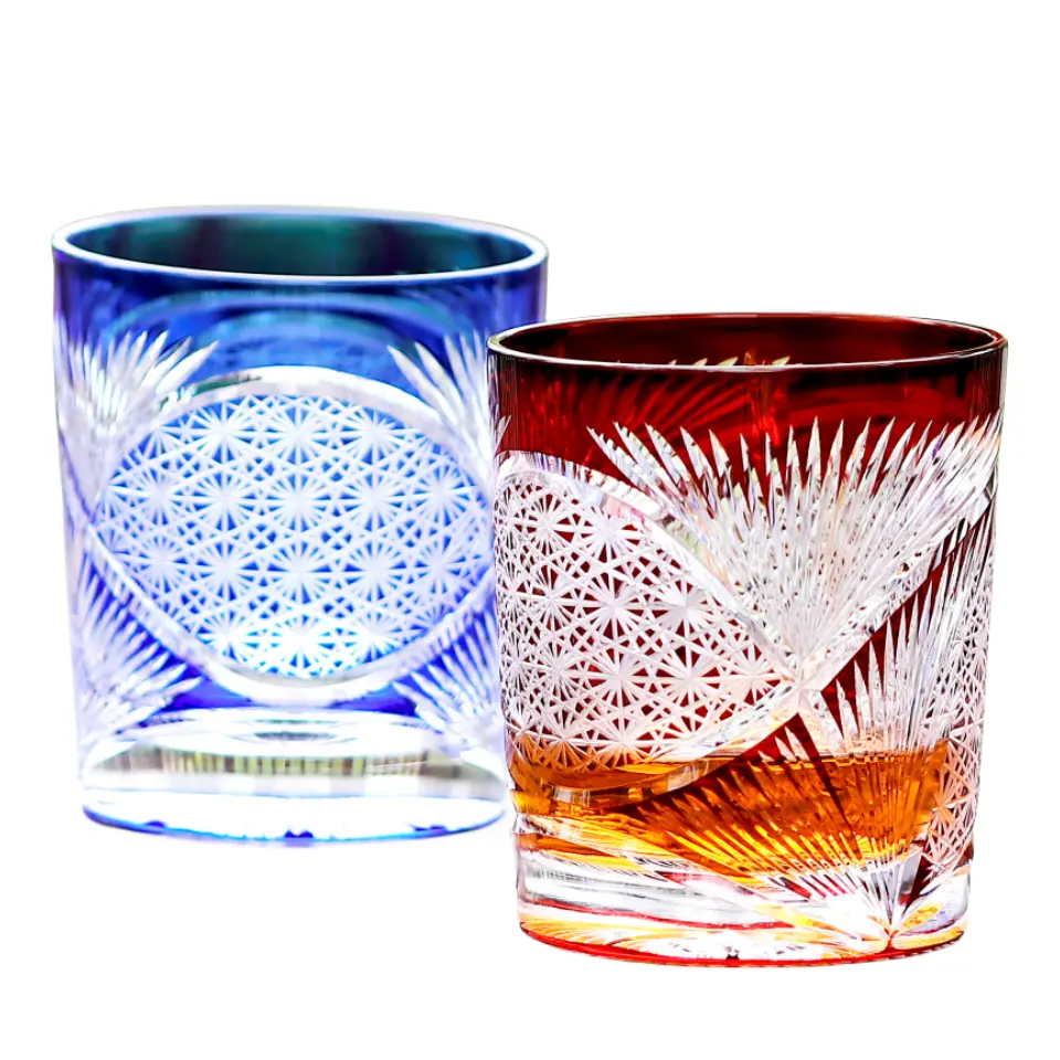 Copo de uísque em vidro colorido de 8,5 onças, copo japonês Edo Kiriko estilo antigo, copo de água fria para beber uísque e conhaque