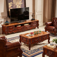 Ensemble meuble TV et table basse classique en bois massif de style européen avec plateau en marbre naturel, meuble de rangement pour salon, mobilier de maison en gros