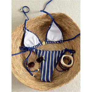 FOXA Ensemble bikini rayé pour femme, maillot de bain 2 pièces en crochet, triangle, dos nu, à nouer sur les côtés, extensible, pour la plage - Product Image 3