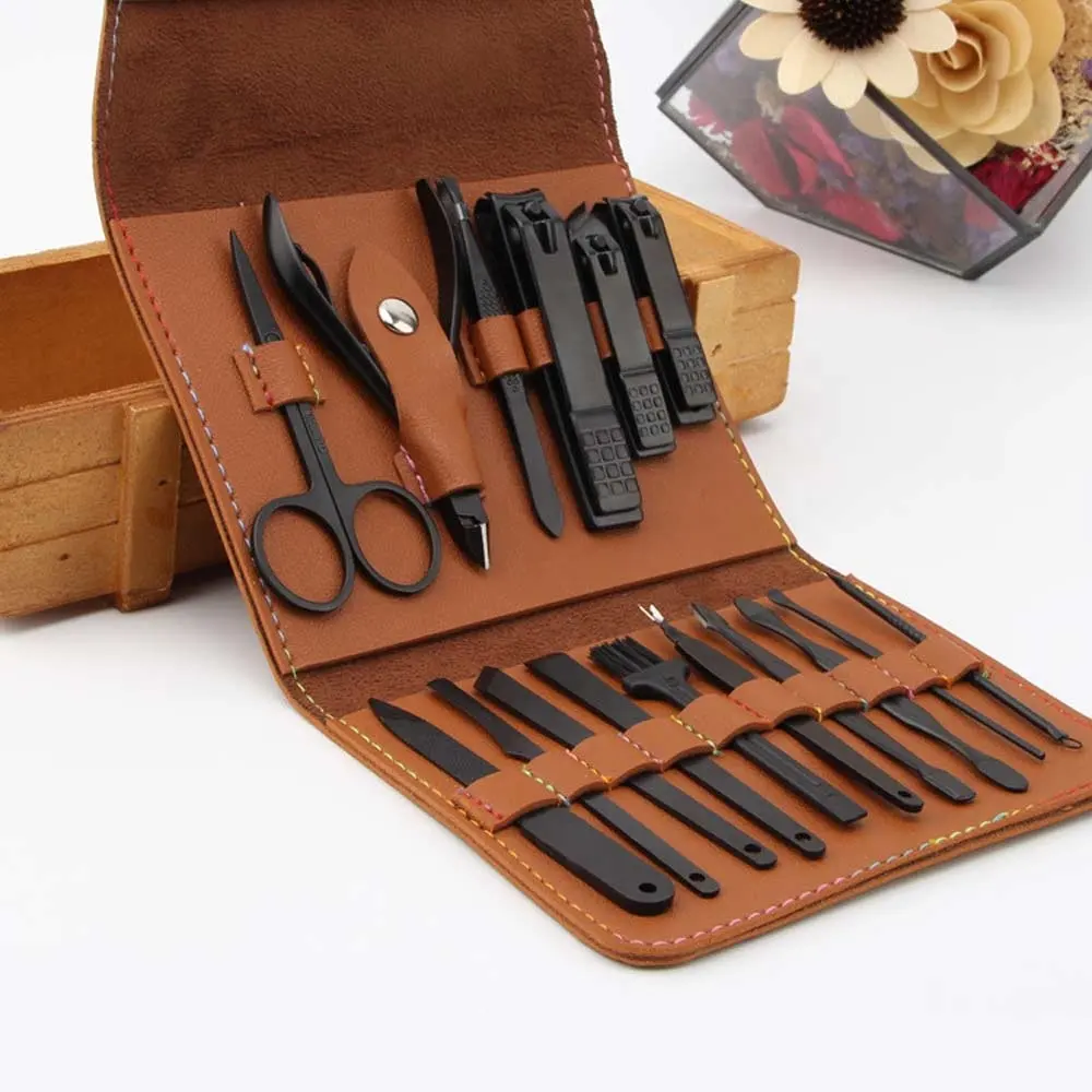 Kit de herramientas de aseo para manicura de viaje, bolsa de cuero de lujo, herramientas de belleza para el cuidado de las uñas de acero inoxidable, juego de cortaúñas