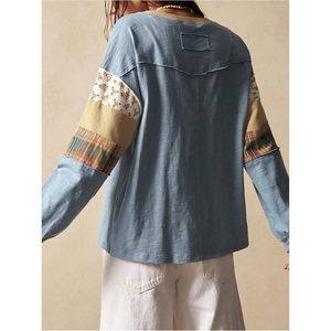 Camiseta de punto suave para mujer, estilo bohemio floral, manga larga, con parches, cuello redondo, ajuste holgado, informal, para todas las estaciones - Product Image 1