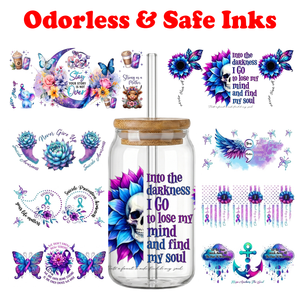 Autocollant de transfert UV DTF pour canette en verre 16oz, thème Prévention du suicide, Semicolon, Papillon, Citations, Lot mixte, Expédition rapide en 48H - Product Image 1