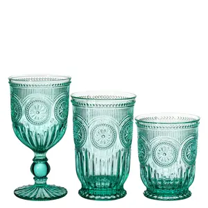 Green Glass Goblet Custom Vintage Mexico Wedding Sunflower Embossed Pink Colored Glass Cup Red Wine Goblets Glasses Set