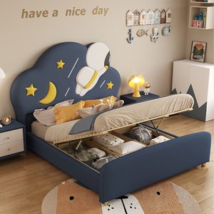 Cama <span class=keywords><strong>Infantil</strong></span> Moderna y Minimalista, Resistente, para Niños, de 1.35m y 1.5m, de Madera Maciza, de 1.8m, con Diseño de Astronauta Espacial de Cuero, para <span class=keywords><strong>Dormitorio</strong></span> - Product Image 2