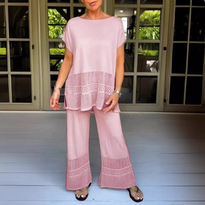 เซ็ตกางเกงขาสั้นสองชิ้นสีพื้นลำลองของผู้หญิงเอวยางยืดหลวมมีรูระบายเป็นมิตรต่อสิ่งแวดล้อมทำจากโพลีเอสเตอร์ระบายอากาศได้ดีฤดูร้อน - Product Image 6