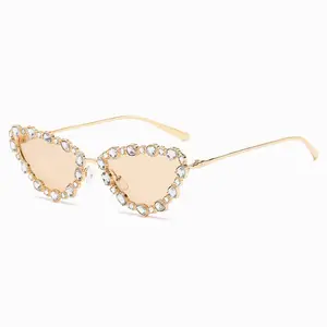 Винтажные очки с бриллиантовой оправой, металлические солнцезащитные очки кошачий глаз, маленькие размеры, очки для женщин