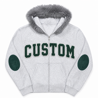 Sweat à capuche zippé pour homme, coupe ample, en polaire 555 g/m², avec logo personnalisé, broderie chenille et patch en tissu éponge, capuche garnie de fourrure, style streetwear
