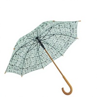 Parapluie promotionnel en gros à 8 baleines avec manche en bois courbé, vert menthe, avec impression intégrale motif spiritueux dessiné à la main et logo personnalisé