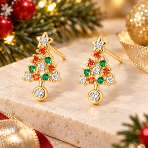 Orecchini a perno piccoli a forma di albero di Natale da donna, design a stella colorata per le feste, accessori regalo per uso quotidiano e feste - Product Image 1