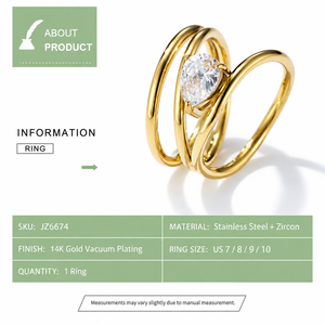 Pear Zircon Multi Band <b>Ring</b> <b>Stainless</b> <b>Steel</b> 14K Gold Vacuum Plated Flowing Gold Tone Statement <b>Ring</b> - Product Image 4