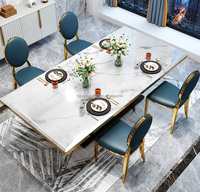 Ensemble de table à manger rectangulaire de luxe, plaque de pierre en acier inoxydable doré, table de salle à manger en marbre, meubles de restaurant modernes et abordables