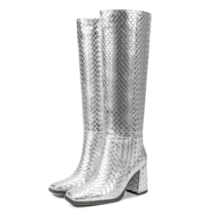 Silver Braid Grid Women Knee High <b>Boots</b> Chunky Heels Stone Prints Shoes on Wide Fit Square Toe Long <b>Boots</b> - Product Image 1