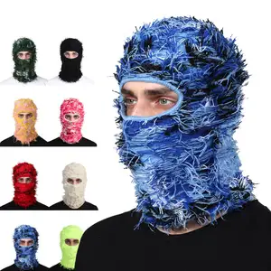 High Quality Custom Wholesale Full Face Cover Knitted Ski Mask 1 Hole Grassy Distressed Balaclava Hat