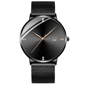 Montre à quartz simple pour homme, étanche, avec index des heures sertis de cristaux, bracelet en maille d'acier inoxydable ultra-fin, montre de cérémonie avec calendrier - Product Image 3