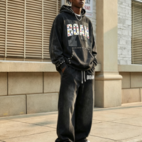 Ensemble de survêtement vintage en coton délavé avec strass imprimés personnalisés pour homme – Sweat à capuche zippé et pantalon de survêtement 2 pièces – Style streetwear