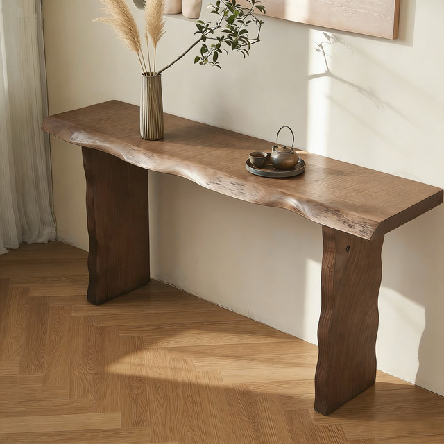 Wabi-sabistyle Solid Pine Wood Slab Living Room Entryway Console Table Natural Edges Vintage-aged Hotel Living Room Furniture