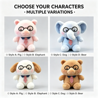 Collection de Peluches Mignonnes Kawaii : Animaux en Peluche avec Lunettes et Cravate – Cochon, Éléphant, Chien, Ours, Canard – Cadeau Doux et Adorable