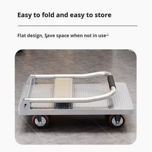 पोर्टेबल चार पहिया प्लेटफॉर्म स्टील प्लेट फ्लैटबेड ट्रे छोटे घरेलू कार्गो ट्रॉली मोटा मूक ट्रेलर फोल्डेबल - Product Image 4