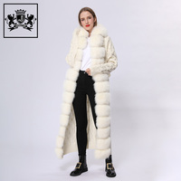 Cardigan en laine à capuche extra long en tricot Janefur Fashion pour l'hiver, pull en fourrure de renard brun moelleux pour femmes
