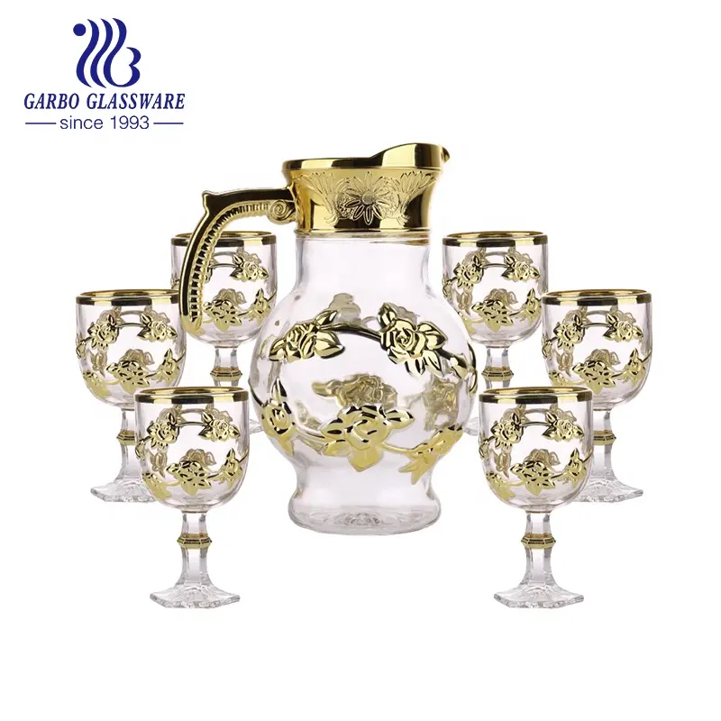 Stock Mix Golden glasses Jug set Ion plating calcomanía flor clásica jarras de vidrio sets con tallo Copa