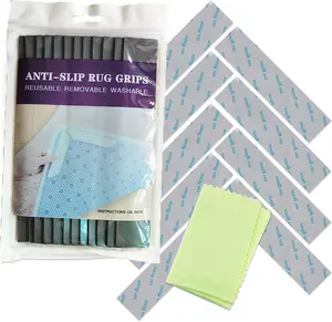 Non Slip Rug Gripper Pads 9 Reusable Corner Carpet Tape Grippers Adhesive No Skid Anti Slip Pad with extra cleaning cloth