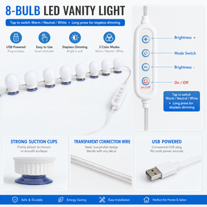 8 Bulb <b>LED</b> Vanity <b>Mirror</b> Lights USB Powered <b>Makeup</b> <b>Mirror</b> Lighting Kit 3 Colors Dimmable Holywood Style <b>Mirror</b> Lamp - Product Image 4