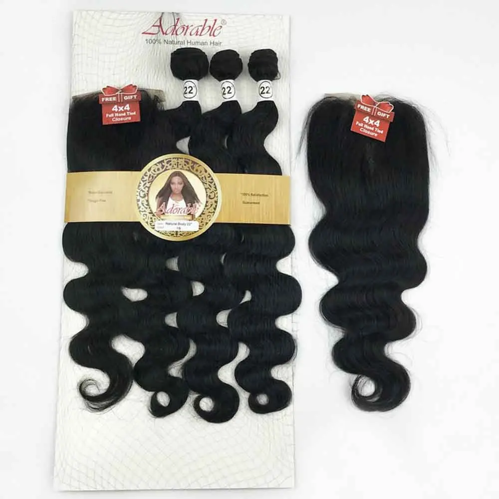 Mixed Synthetic Hair Bundles with 4*4 Lace Closure Silk Straight Packet Hair Weaves Natural Human Hair Blend 3+1