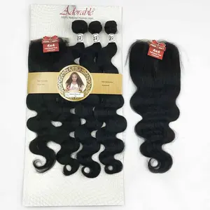 Mixed Synthetic Hair Bundles with 4*4 Lace Closure Silk Straight Packet Hair Weaves Natural Human Hair Blend 3+1