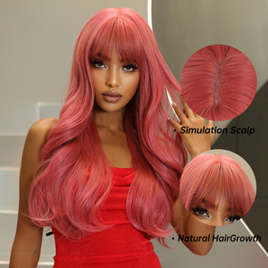 Precio al por mayor de fábrica, pelucas rojas y rosas, pelos ondulados sintéticos de Cosplay naturales largos con <span class=keywords><strong>flequillo</strong></span>, peluca falsa ondulada resistente al calor - Product Image 6