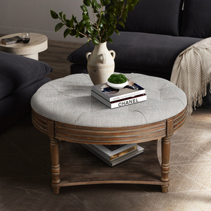 Large Round Waterproof Ottoman Coffee <b>Table</b> 2 Tier Button Tufted With Wooden Shelf Storage Farmhouse Style - Product Image 2
