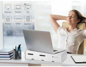 Support de bureau en PVC et bois personnalisé, support de moniteur blanc, rehausseur d'écran, étagère pour ordinateur portable avec tiroir organisateur - Product Image 2
