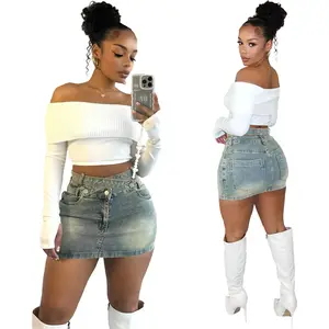 TK6312 Y2K Streetwear Zipper Denim Ripped Mini High Waist Skirts For Women Blue Skirts For Women