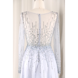 Mới màu xanh dài tay áo sang trọng xem qua tham gia cô dâu nặng beadings A-line buổi tối Áo Đầm nữ hoàng phong cách cuộc họp thường niên - Product Image 4