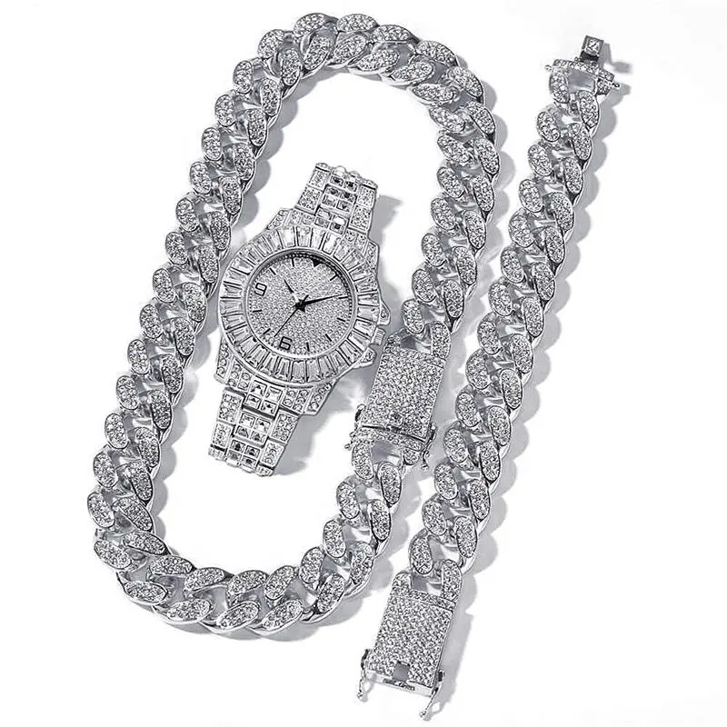 Relógio hip hop iced out em liga e strass com estoque de fábrica e conjunto de joias com colar e pulseira de corrente cubana de 13 mm