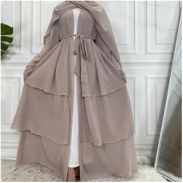 Chất Lượng Cao Dài Ba Lớp Ngọc Trai Voan Flowy Ruffle Abaya Phụ Nữ Hồi Giáo Váy Thổ Nhĩ Kỳ Áo Dubai Abaya